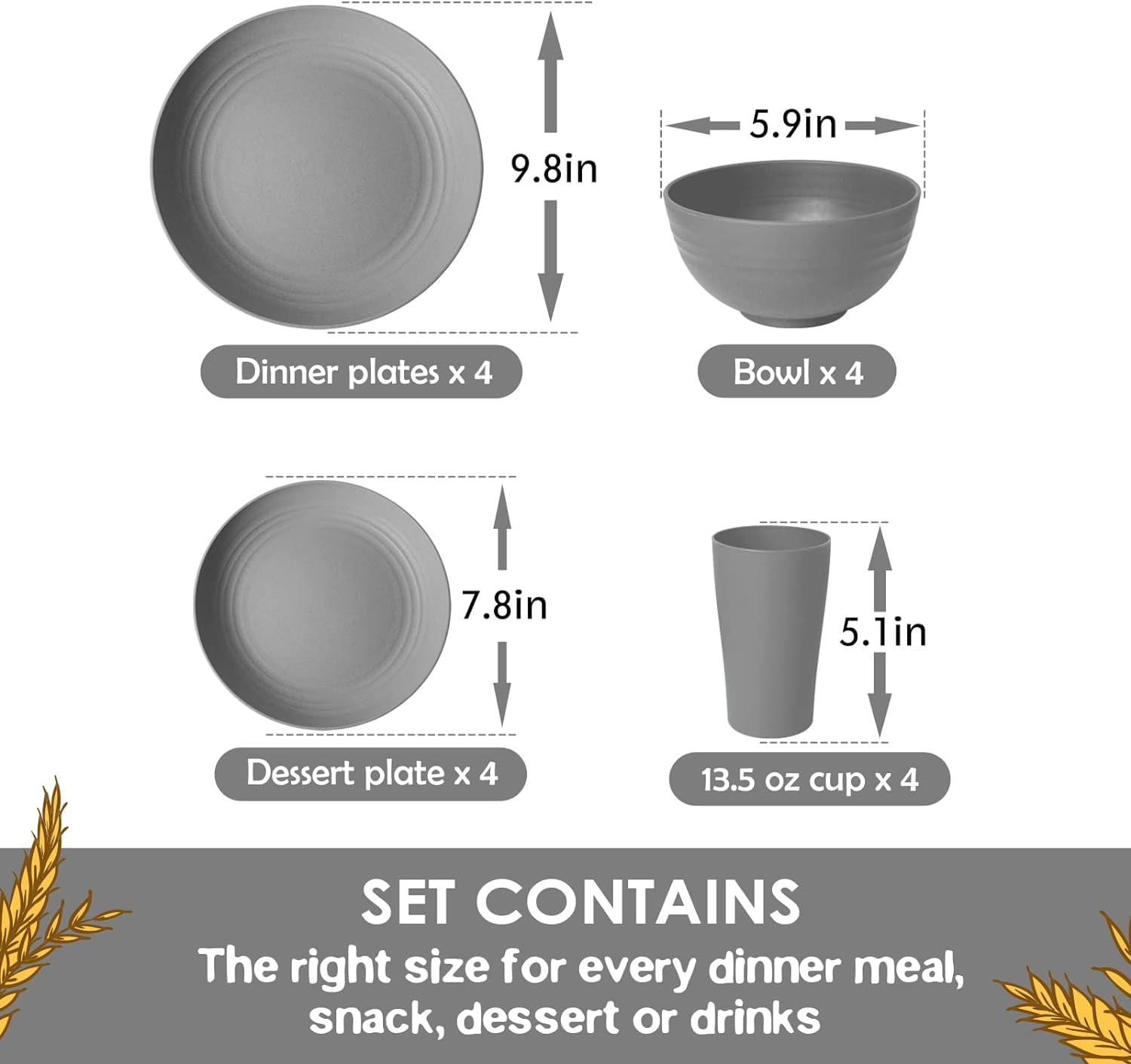 Teivio 16-Piece Kitchen Plastic Wheat Straw Dinnerware Set, Service for 4, Dinner Plates, Dessert Plate, Cereal Bowls, Cups, Unbreakable Plastic Outdoor Camping Dishes, Midnight Blue