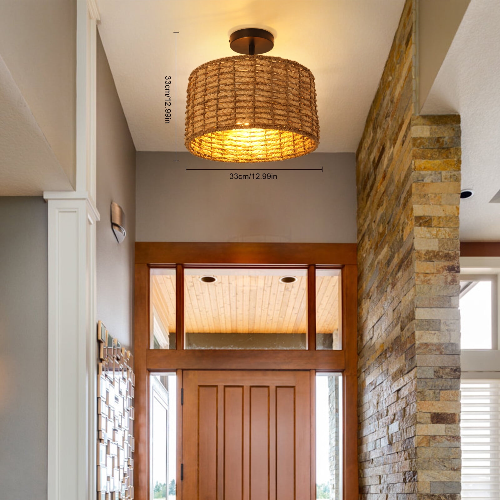 TFCFL 2-Light Vintage Rattan Pendant Light Fixture Hanging Ceiling Lamp Semi Flush Mount Chandelier