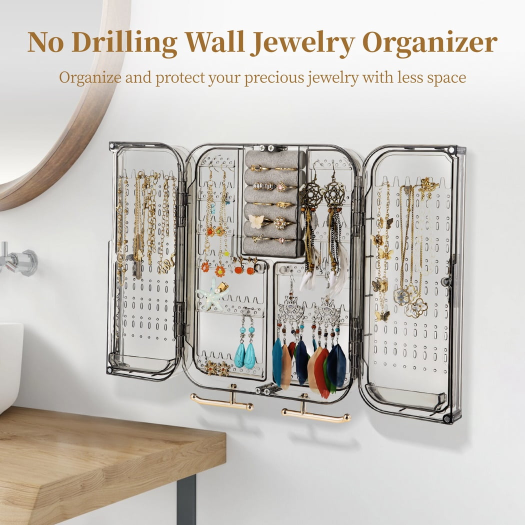 Wall Mounted Jewelry Organizer Box, Hanging Earring Stud Organizer, Self-Adhesive No Drilling Transparent Jewelry Storage Cabinet 7.9" x 10.6