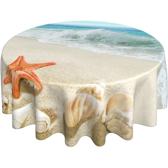 Summer Beach Tablecloth Round 60 Inch Waterproof Polyester Washable Circle Sand Starfish Ocean Waves Table Cover Table Cloth for Kitchen Dining Room Indoor Outdoor Picnic Patio Party