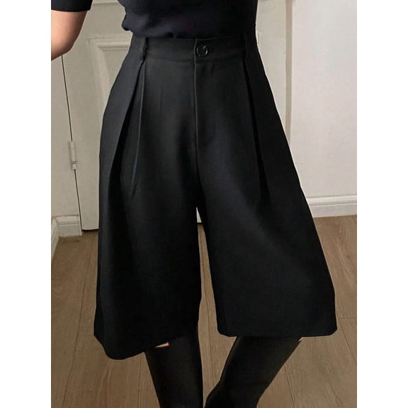 Women's Solid Color High Waist Pleated Bermuda Shorts, Retro Office Casual Shorts with Pockets