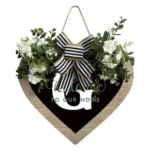 A-Z Last Name Heart Shaped Front Door Sign Wreath - Farmhouse Wreath for Front Door, Spring Decor with Customizable Name