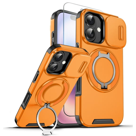 Allytechgroup Case for iPhone 17 with Slide Camera Cover, [1x Screen Protector] 360° Rotated Ring Kickstand Magnetic Car Mount Support Shockproof Protective Back Cover for Women Men, Orange