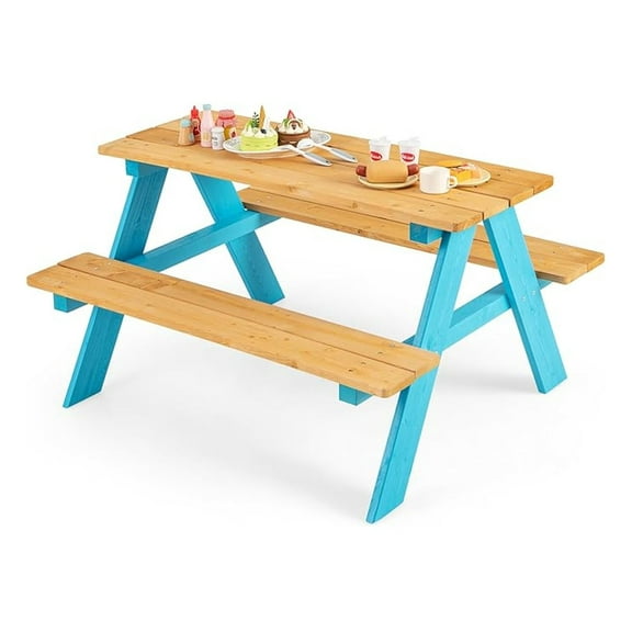 Kids Picnic Table, Fir Wood Toddler Table and Benches, Kids Outdoor Furniture, Blue, 31" x 35" x 20"