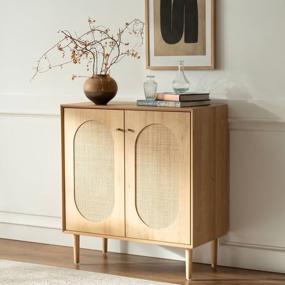 EYYTHUNG Rattan Storage Cabinet with Shelves, Farmhouse Sideboard Cabinet Accent Cupboard Console with Oval Doors, Natural Oak