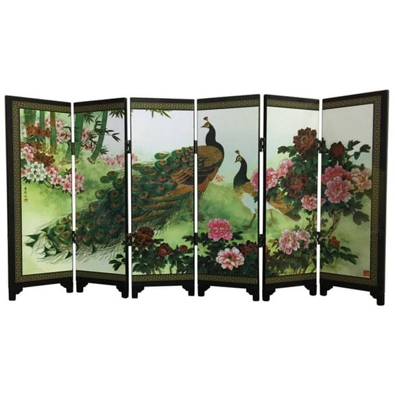 opvise Wooden 6-Panel Peacock Screen Room Divider Folding Partition Gift Desktop Decor