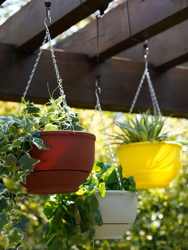 Plastic Hanging Planter Self Watering Basket Flower Pot with Detachable Base for Home Garden Office Decoration, 9.3" Dia Brownish Red