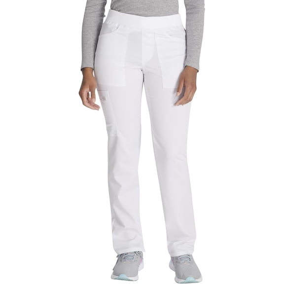 Dickies Women Scrub Pull-on Pant Mid Rise Tapered Leg Bottoms with 6 Pockets & Rib-knit Waistband DK135P, M Petite, White