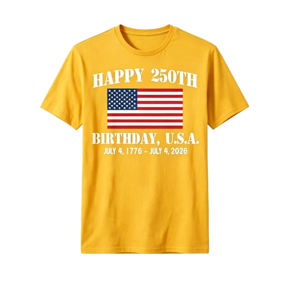 FINALGANG Boys Kids Crew Neck Short Sleeve T Shirt With Happy 250Th Birthday Usa American Flag 1776-2026 Print Patriotic Casual Tee For Independence Day Yellow 6-7 Years