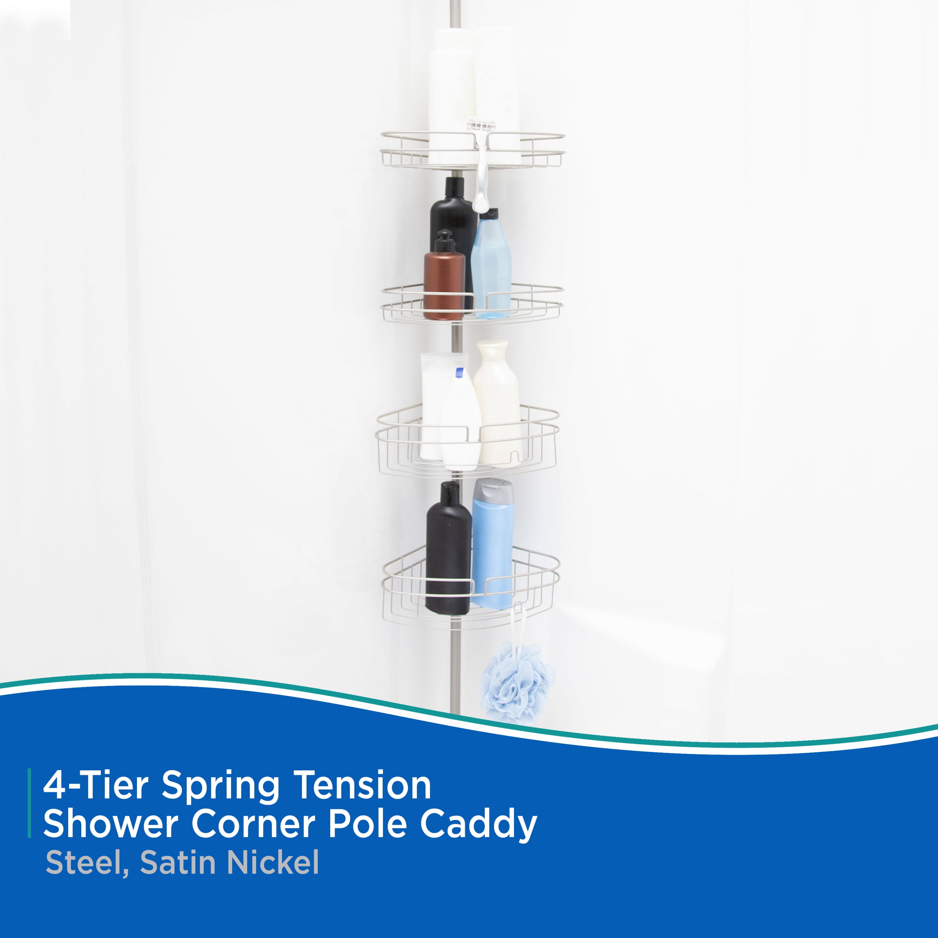 Kenney® 4-Tier Spring Tension Shower Corner Pole Caddy with Razor Holder, Satin Nickel