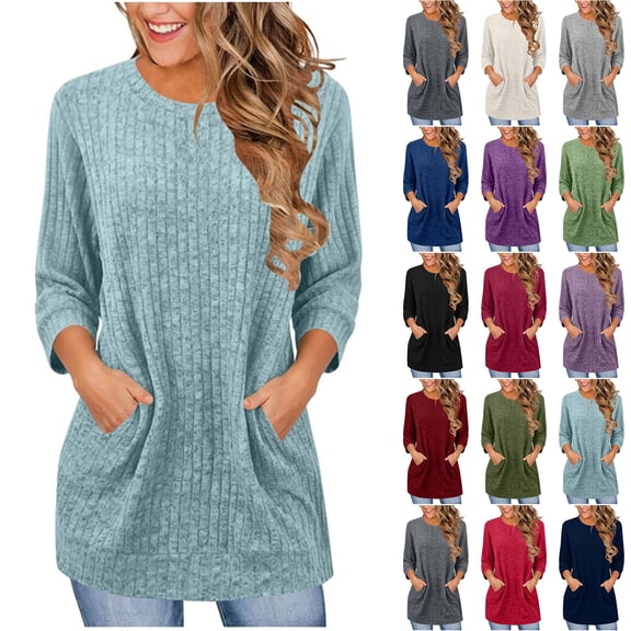 Horkkom Sweaters for Women Pullover Solid Color Crewneck Sweater Casual Loose Sweaters with Pockets L