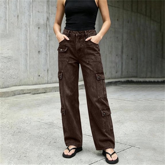 Zysthvn Women Jeans Straight Leg Denim Casual High Waisted Trousers Women Solid Zipper with Pockets Button Loose Pants
