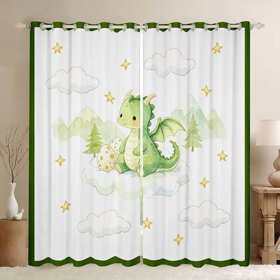 Homewish Cartoon Dragon Kitchen Curtains,Lovely Animal Black Out Curtains Pack of 2 (42x63 Each),White