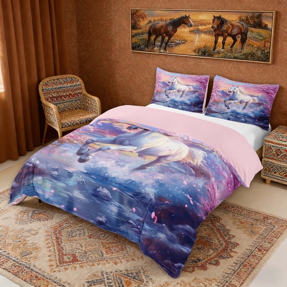 Erosebridal Chic Horse Duvet Cover Set for Girls, Pink Cherry Blossoms Bedding Full, Reversible 3pcs 1 Duvet Cover and 2 Pillowcases (No Comforter)