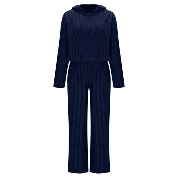 gbyLJF Women's Fall Winter Casual Suits 2 Piece Soft Comfy Striped Knitted Outfits Solid Color Hooded Sweaters Long Pants Sets