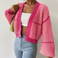 thumbnail image 6 of Women'S Color Block Crop Cardigan Top Long Sleeve Open Front Sweater Peach Color Style M, 6 of 9