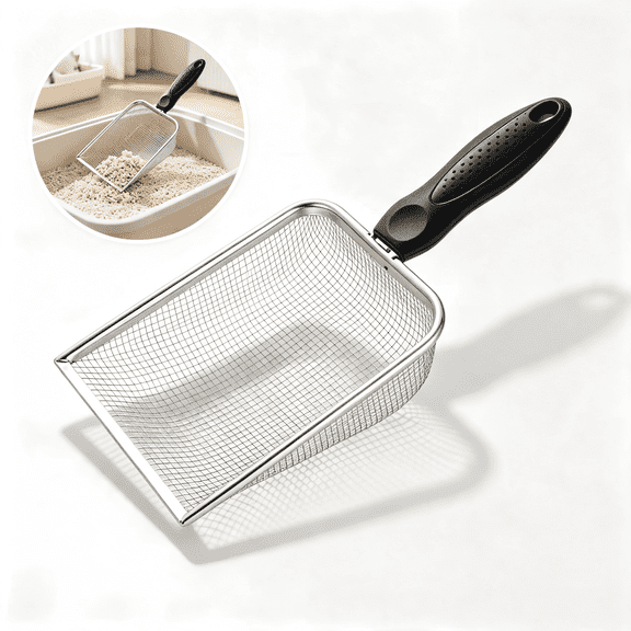 Stainless Steel Cat Litter Scoop with Long Handle, Heavy Duty Metal Mesh Sifter for Clumping Litter, Durable Non-Slip Grip Shovel for Easy Waste Removal