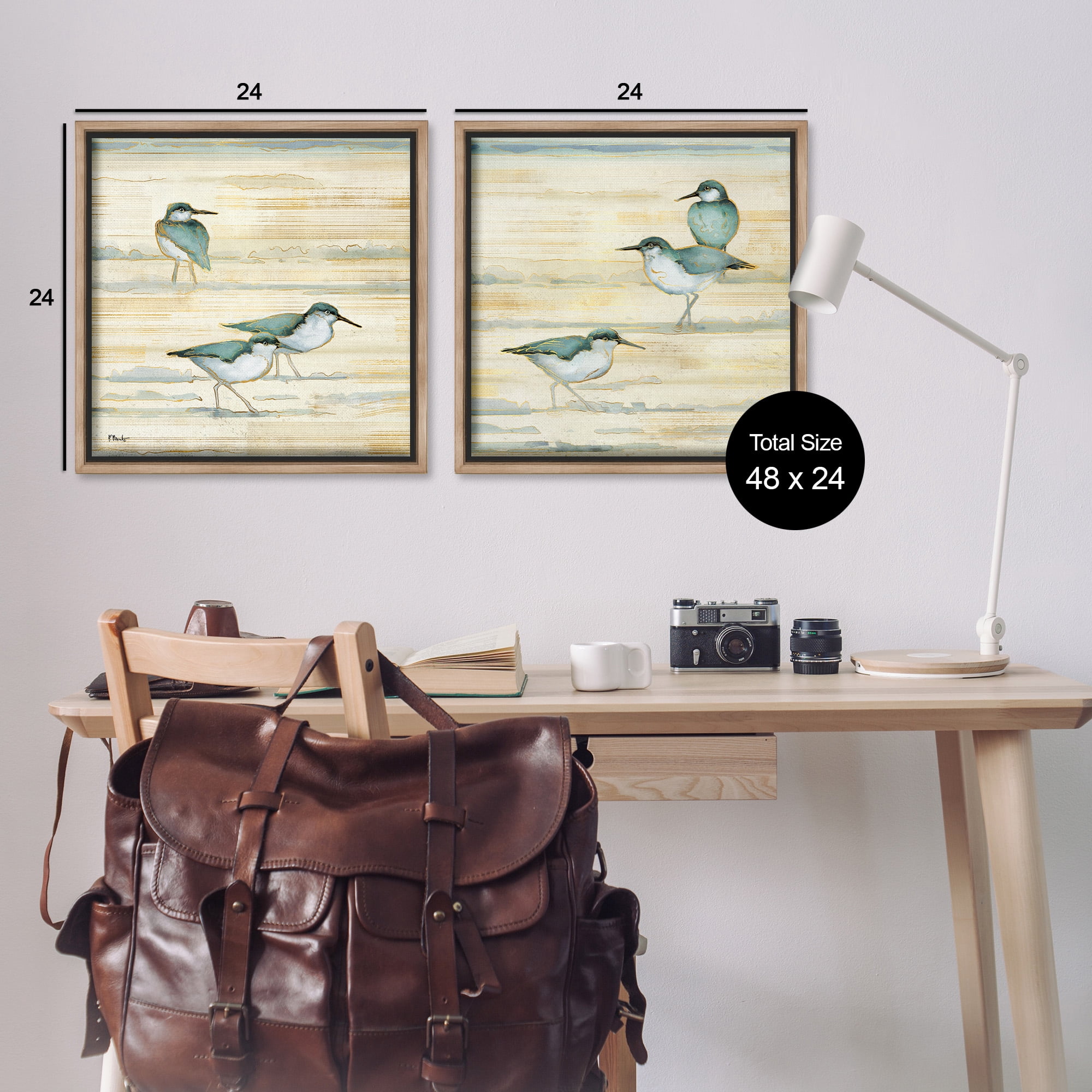 Stupell Industries Sandpipers Abstract Water Shoreline Animals & Insects Painting Brown Floater Framed Canvas Art Print Wall Art, 25 x 25, Set of 2