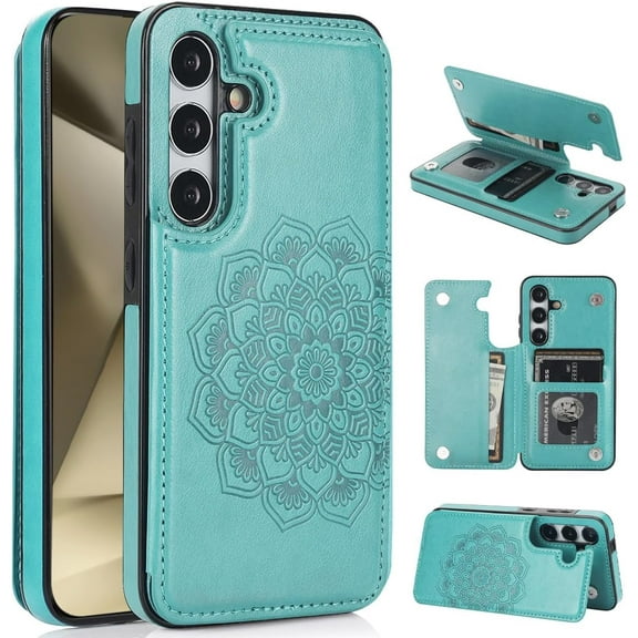 Design for Galaxy S24 5G Case with Credit Card Holder Slot PU Leather Wallet Phone Cases Stand Kickstand Durable Shockproof Protective Cover for Samsung S 24 Women Men 6.1 inch Green