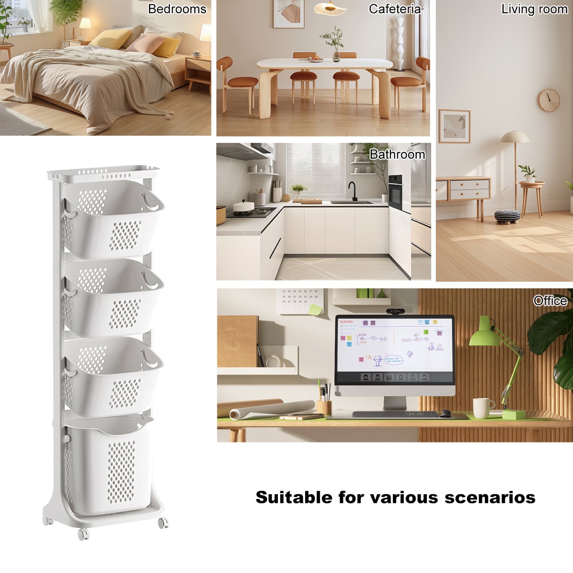 4-Tier Laundry Hamper Sorter, Laundry Storage Organizer with Wheels Removable Rolling Laundry Baskets, Bathroom Cart for Dirty Clothe