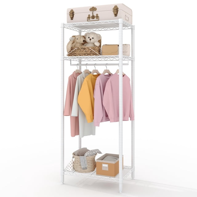 Clothes Rack With Adjustable Storage Shelves, Metal Clothing Rack for Hanging Clothes, for Bedroom, Laundry, Living Room, White