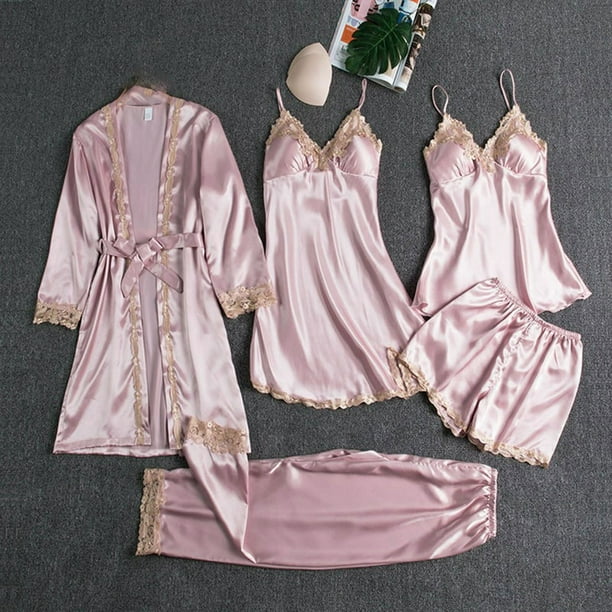 Batas Lencería Mujer Lindo Estampado de Corazón Satén Bata con Cinturón Camisola Pantalones Cortos Pijamas Mujer Pijamas