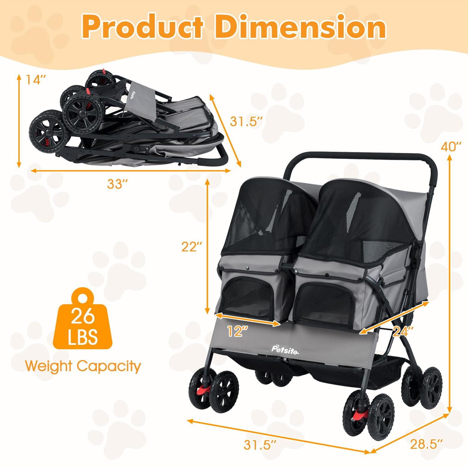 Pefilos Foldable Double Pet Stroller, Adjustable Sunshade & Storage Basket, Rustproof Aluminum Frame, Gray