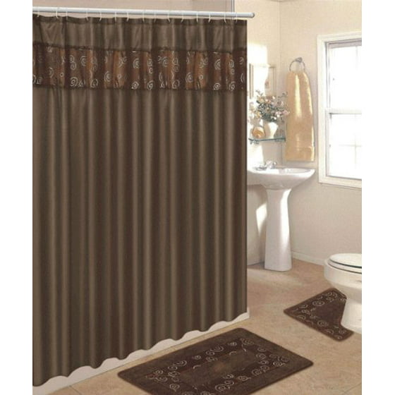 4 Piece Bathroom Rug Set/ 3 Piece Chocolate Ring Bath Rugs with Fabric
Shower Curtain and