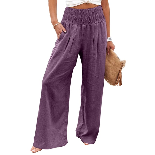 Sonducket Pantalones de verano para mujer Color sólido Largo Suelto Casual Pierna ancha Cintura alta Elástico Vintage Moda Streetwear Púrpura Type3 NO3