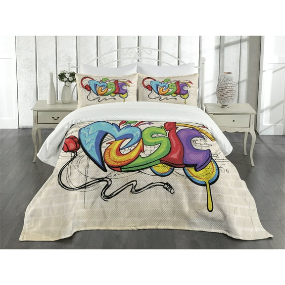 Ambesonne Retro Quilted Bedspread Set 3 Pcs, Music Graffiti Hip Hop, King Size, Multicolor