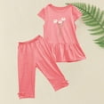 thumbnail image 5 of Fesfesfes Baby Girl Outfits Girls Summer Round Neck Small Print Short Sleeved Flying Sleeves Elastic Waist Cropped Pants Two piece Set, 5 of 6