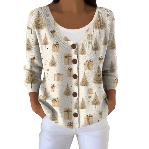 Kaondbfi Cardigan for Women, Printed Women's Casual Button Cardigan with V Neck and Thick Needle Hole Stripe Womens Winter Coat
