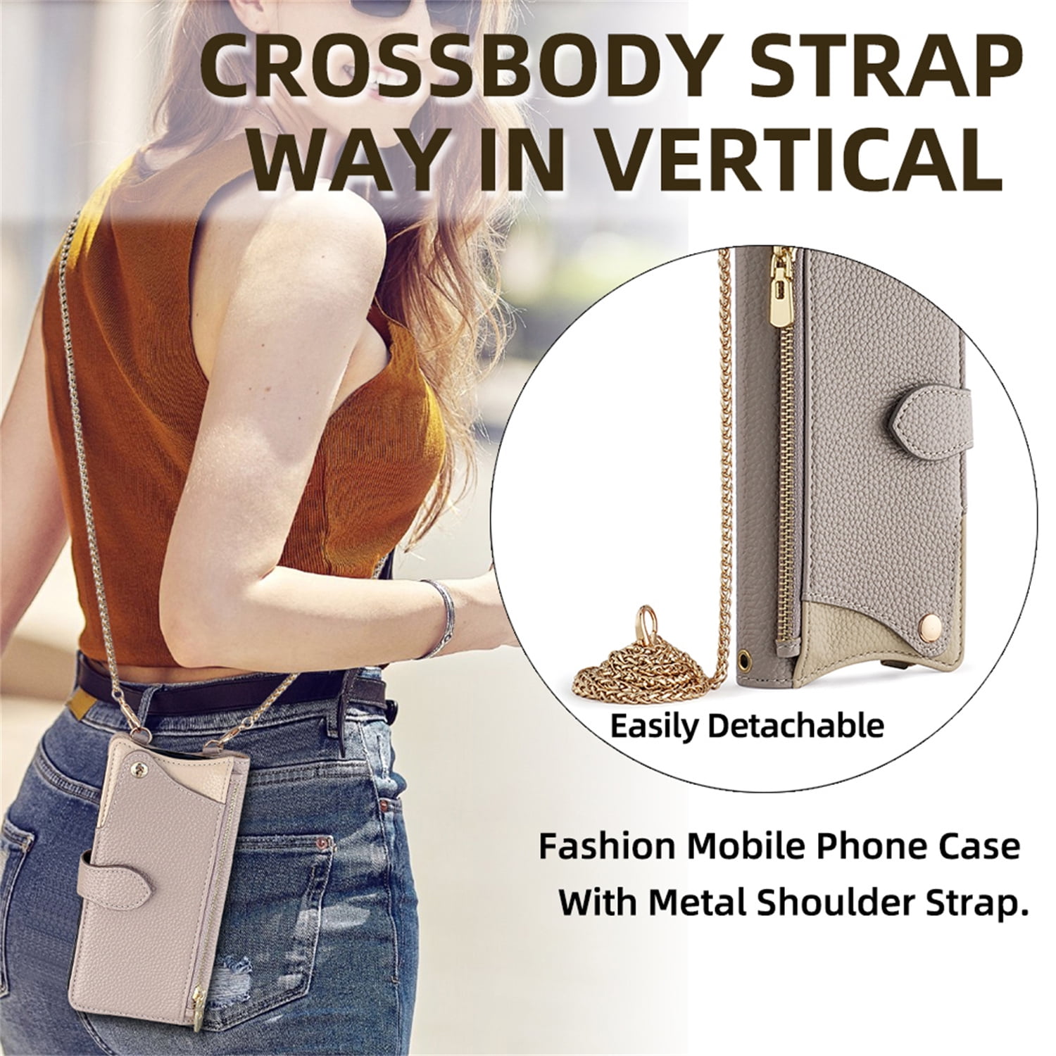 Allytechgroup Flip Wallet Phone Case for Motorola Edge (2025) with Credit Card Slot, Shoulder Strap PU Leather Zipper Wallet Phone Case Shockproof Full Body Cover Rugged for Women Girls, Gray
