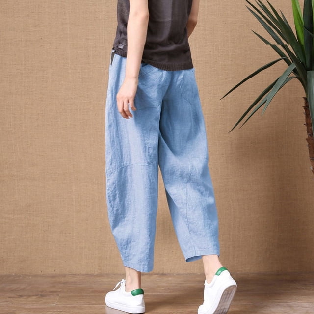 Pantalones anchos de lino y algodón pequeños para mujer, pantalones casuales de lino de nueve puntos que combinan con todo, sueltos y de talla grande para uso exterior