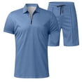 thumbnail image 4 of RUTAYY Men's Outfits Casual Solid Color 2 Piece Turndown Collar Zipper Short Sleeve Tops Drawstring Shorts Beach Vacation Clothing Sets, 4 of 6