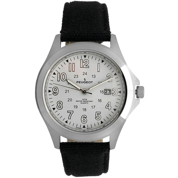 Peugeot Men Army Military Style Quartz Weekender Watch with 24-Hour Time & Black Strap Band