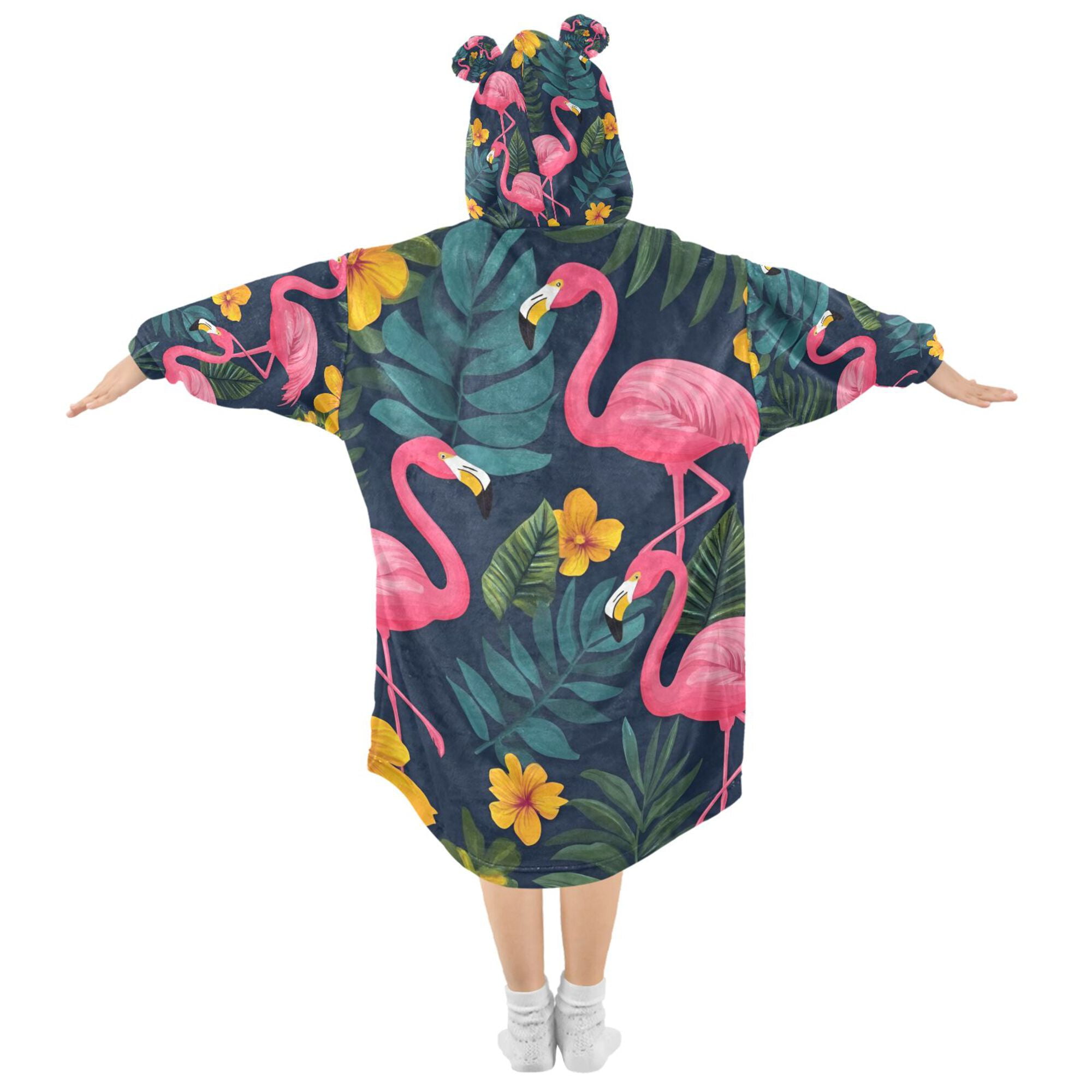 FORMRS Wearable Blanket Hoodie with Sleeves for Kids Cozy Flannel Sweatshirt, Yellow Floral Flamingo