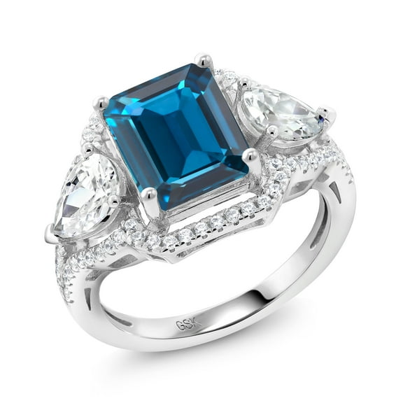 Gem Stone King 4.79 Cttw London Blue Topaz Ring for Women | 925 Sterling Silver | Emerald Cut 10X8MM | Gemstone November Birthstone | Wedding Engagement Anniversary Promise Ring for Women | Size 6
