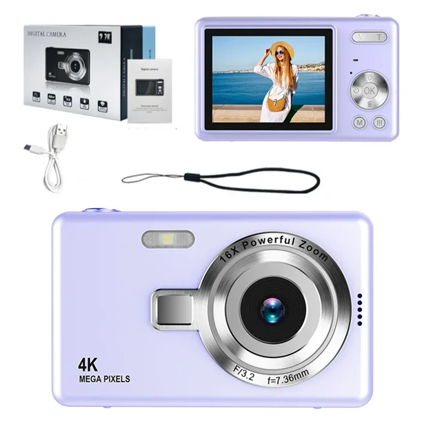 Cámara Digital Para Niños, 4K Fotos Y Video 1080P, Zoom 16x, Pantalla LCD 2.4", Recargable, Fácil De Usar Para Niños 5+ (Colores: Púrpura, Rosa, Negro, Blanco, Plata)