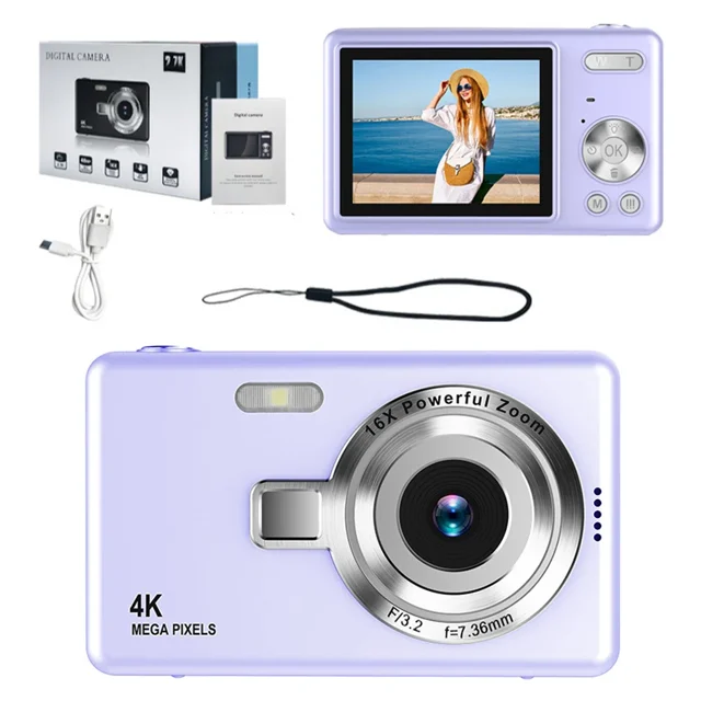 Cámara Digital Para Niños, 4K Fotos Y Video 1080P, Zoom 16x, Pantalla LCD 2.4", Recargable, Fácil De Usar Para Niños 5+ (Colores: Púrpura, Rosa, Negro, Blanco, Plata)