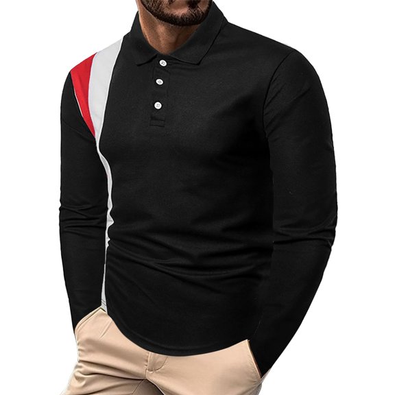 Charmgo True Classic Tees Men, Men's Casual Fashion Splicing Trend Loose Stand Collar Long Sleeve Polo Shirts, Black Polo Shirts for Men, Clearance Sales Today Deals Prime Black L