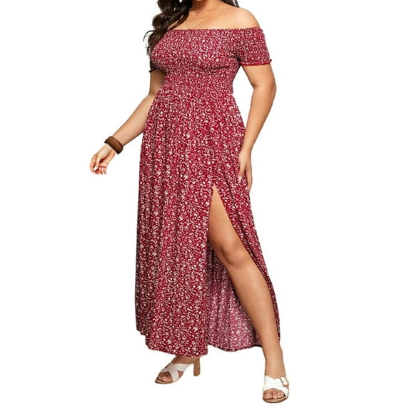 Sexy Dance Women Plus Size Boho Long Maxi Dress Cold Shoulder Floral Summer Beach Evening Rockabilly Skater Prom Ball Gown Sundress