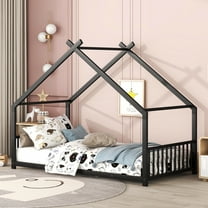 PORKISS Twin Size Floor Bed Frame, Metal House Bed Featuring Roof, Modern Platform Bed with Metal Frame, No Box Spring Needed, Freestanding Montessori Bed for Kids, Black