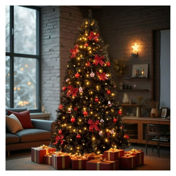 7.5 FT Artificial Christmas Tree with Lights & Ornaments, Hinged Xmas Pine Tree, Tree Skirt Included, Holiday Decorations for Home Office, Black & Red