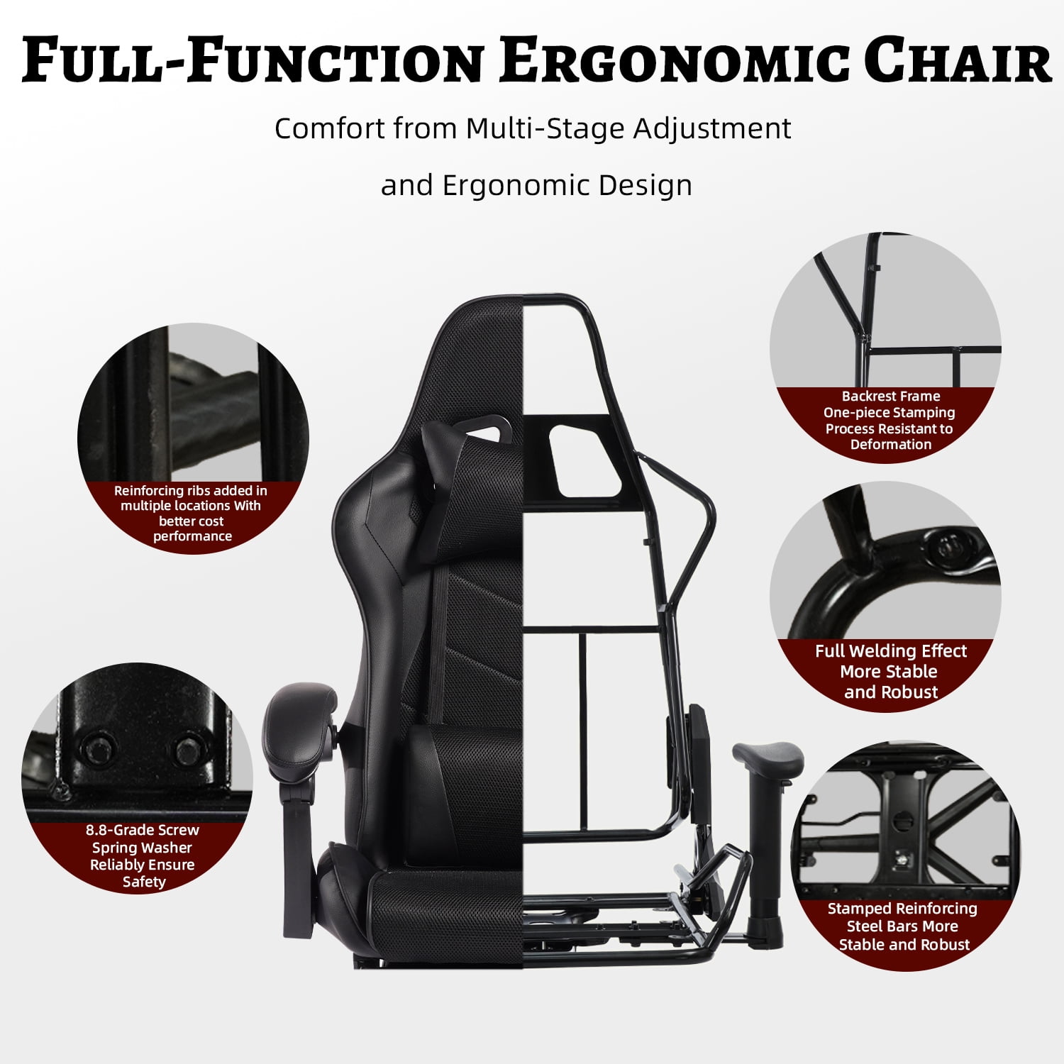 Gaming Chair, E-Sports Racing Chair, Ergonomic Computer Seat with Footrest and Massage, PU Bonded Leather, Moulded Sponge, 135-Degree Recline, 360-Degree Swivel for Office Gaming, Black