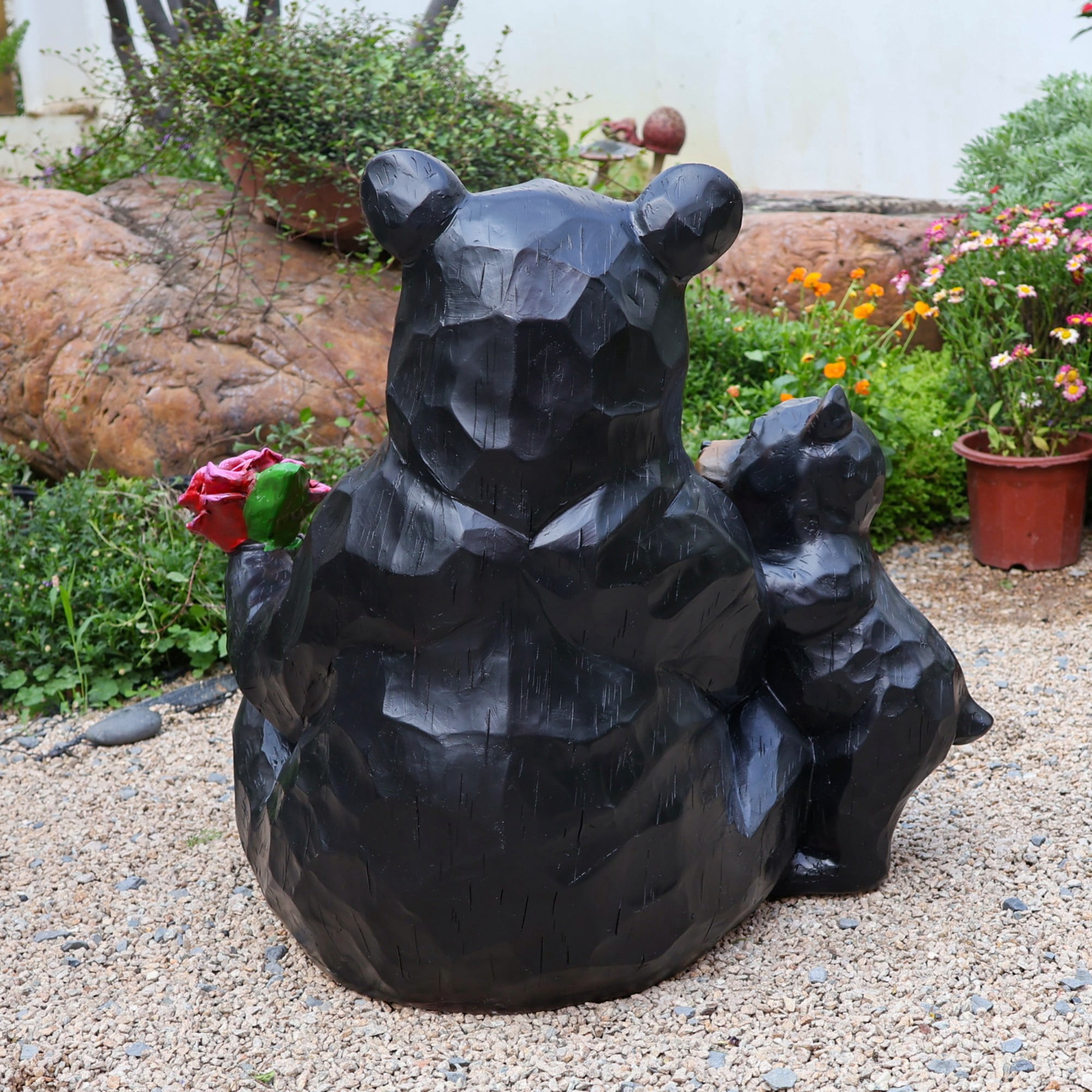Bear Planter Statue Outdoor Garden Sculpture, Black Resin Flower Pot with Cub Design, Large Yard Decor for Patio Lawn