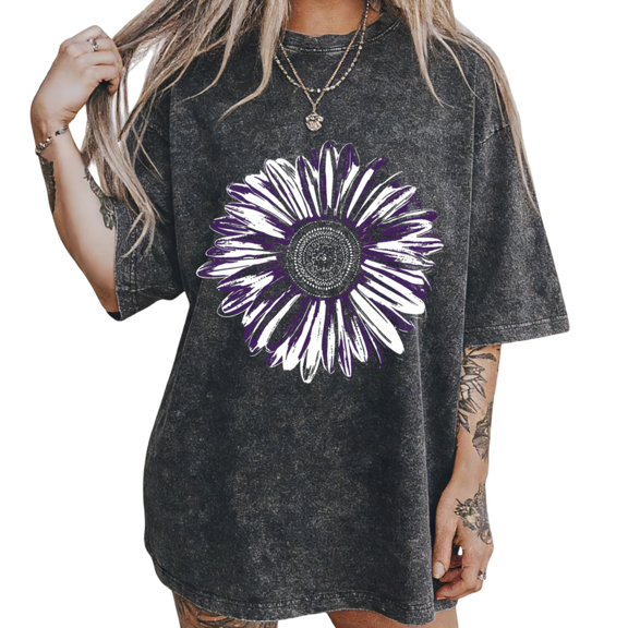 UNISHE Women's S-2XL Purple White Daisy Vintage Washed T-Shirt Short Sleeve Cotton Relaxed Fit Tee