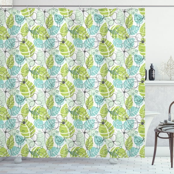 Ambesonne Leaves Shower Curtain, Ornate Doodle Birds, 69"Wx75"L, Charcoal Grey Pale Green