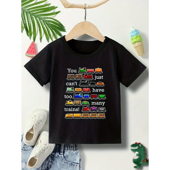 Cartoon Trains And Letter Print Boys Creative T-shirt, Casual Lightweight Comfy Short Sleeve Tee Tops, Kids Clothings For Summer