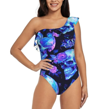 Gukieu cool crystal Skull flower Print One-shoulder Ruffled One-piece Swimsuit with Removable Chest Pads and Tummy-control Swimsuit for Women-
